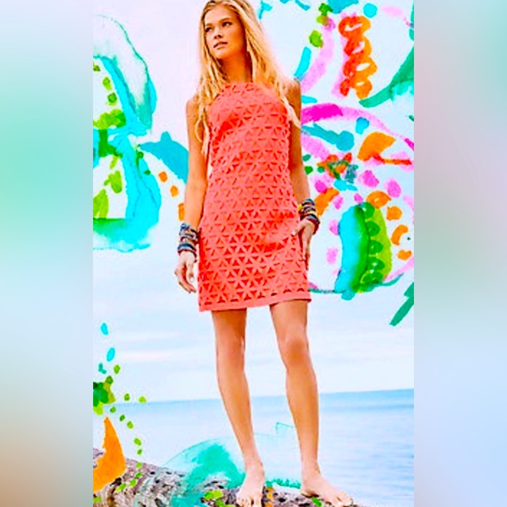 Lilly Pulitzer XS NWT Dress Bright Coral Pink Sun Ray Daisy Laser Cut Shift